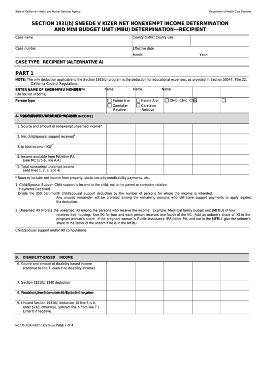 Form Mc 175-3i.2r - Section 1931(B) Sneede V Kizer Net Nonexempt Income Determination And Mini Budget Unit (Mbu) Determination-Recipient Printable pdf