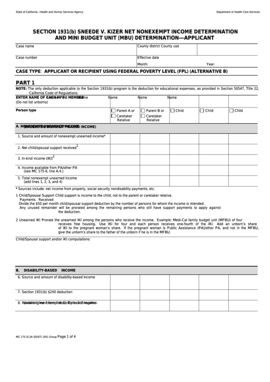 Form Mc 175-3i.2a - Section 1931(B) Sneede V. Kizer Net Nonexempt Income Determination And Mini Budget Unit (Mbu) Determination-Applicant Printable pdf