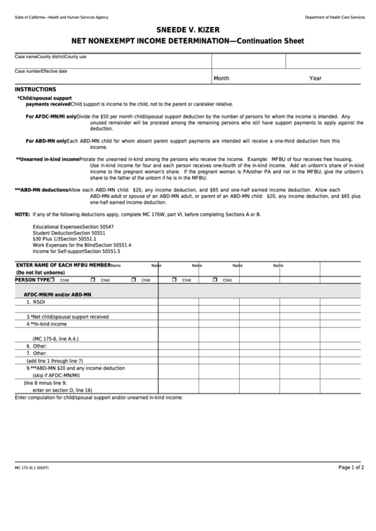Form Mc 175-3i.1 - Sneede V. Kizer Net Nonexempt Income Determination-Continuation Sheet Printable pdf