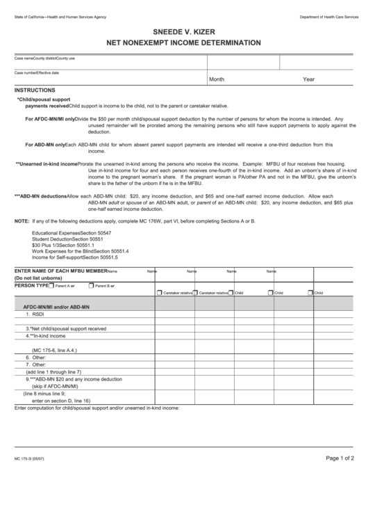 Form Mc 175-3i - Sneede V. Kizer Net Nonexempt Income Determination Printable pdf