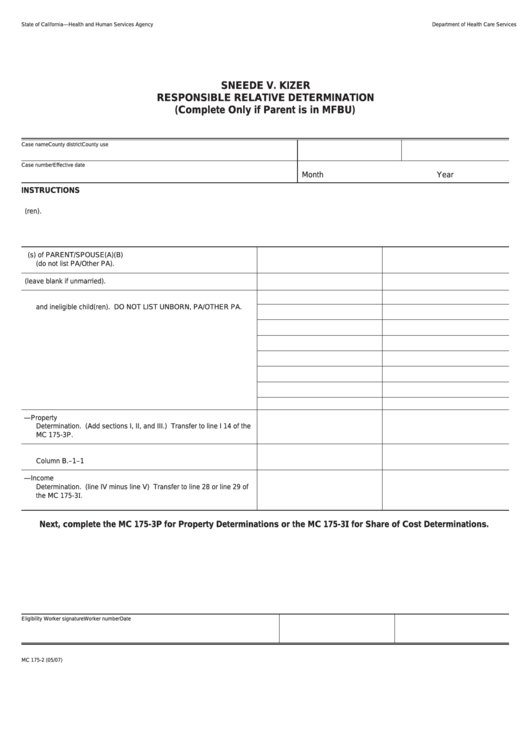 Form Mc 175-2 - Sneede V. Kizer Responsible Relative Determination Printable pdf
