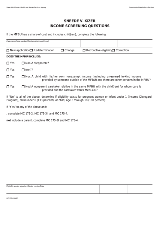 Form Mc 175-I - Sneede V. Kizer Income Screening Questions Printable pdf