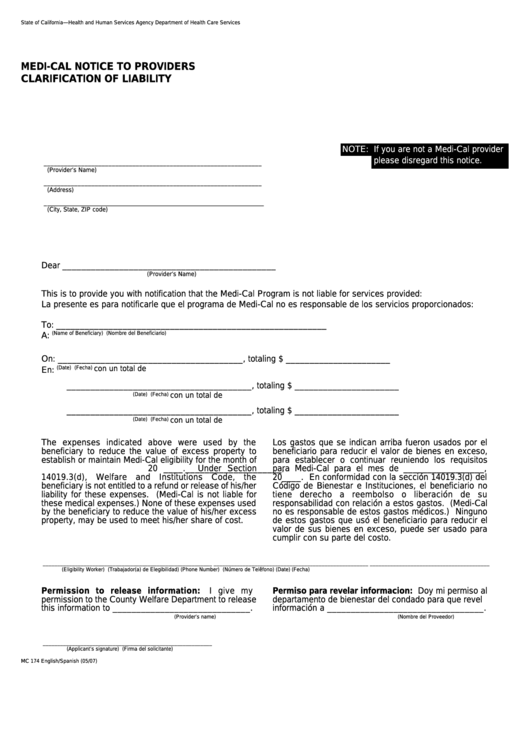 Fillable Form Mc 174 - Medi-Cal Notice To Providers Clarification Of Liability Printable pdf