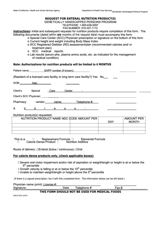Fillable Form Dhcs 9053 - Request For Enteral Nutrition Product(S) Printable pdf
