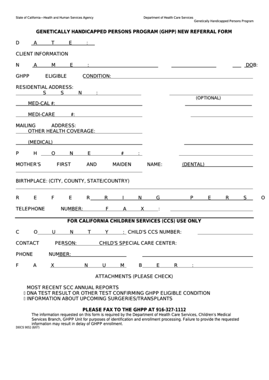 Fillable Form Dhcs 9052 - Genetically Handicapped Persons Program (Ghpp) New Referral Form Printable pdf