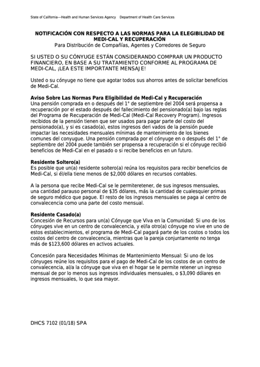 Form Dhcs 7102 - Notificacion Con Respecto A Las Normas Para La Elegibilidad De Medi-Cal Y Recuperacion Printable pdf