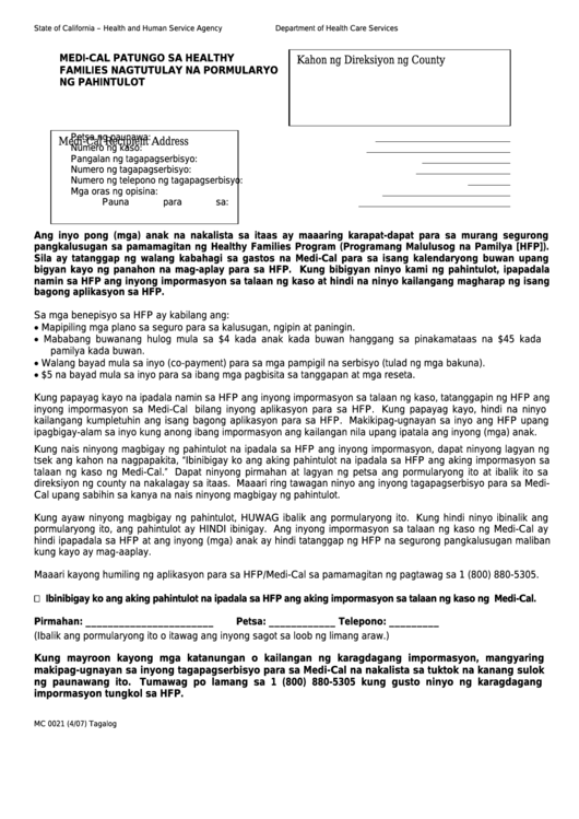 Form Mc 0021 - Medi-Cal To Healthy Families Bridging Consent (Tagalog) Printable pdf