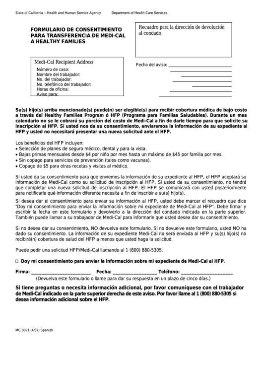 Form Mc 0021 - Formulario De Consentimiento Para Transferencia De Medi-Cal A Healthy Families Printable pdf