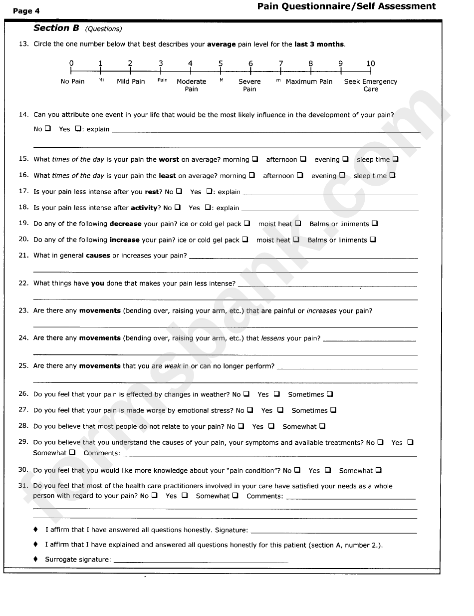 Pain Questionnaire/self Assessment Template