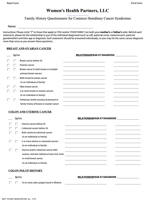Fillable Family History Questionnaire For Common Hereditary Cancer Syndromes Template Printable pdf