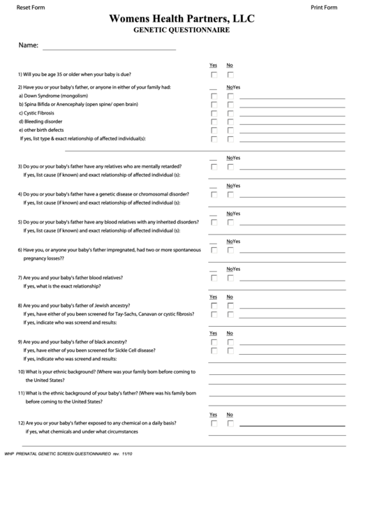 Fillable Genetic Questionnaire Template printable pdf download