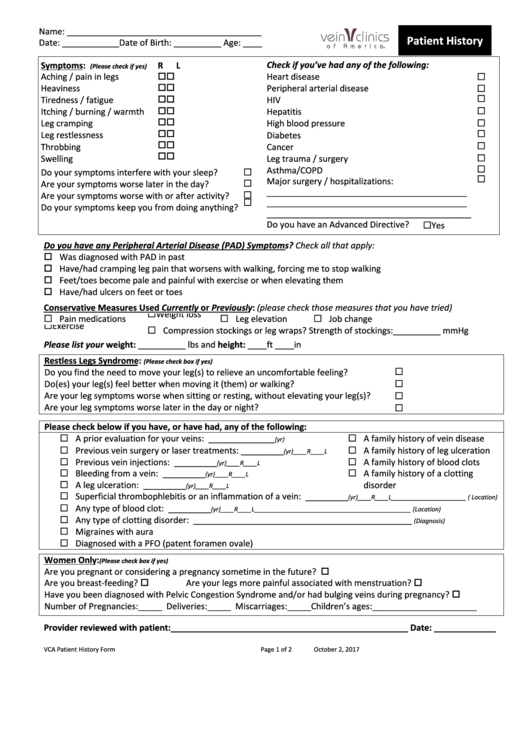 Patient History Template Printable pdf