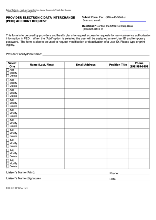 Fillable Form Dhcs 4517 - California Provider Electronic Data Interchange (Pedi) Account Request - Health And Human Services Agency Printable pdf