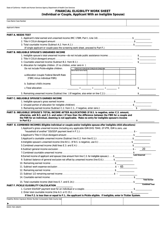 Form Dhcs 7021 - California Financial Eligibility Work Sheet - Health And Human Services Agency Printable pdf
