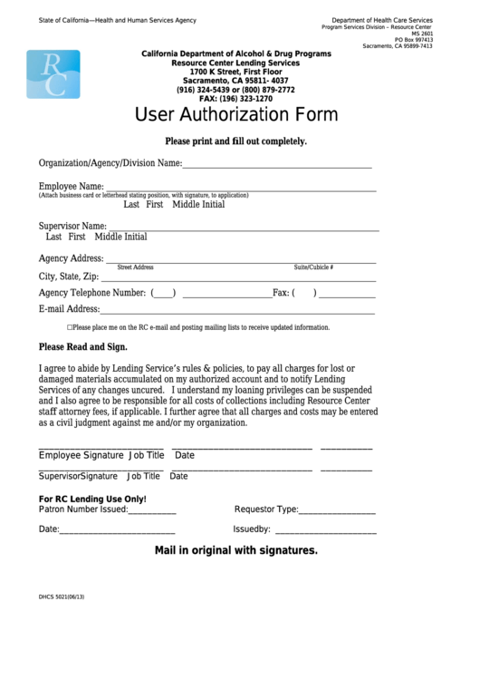 Form Dhcs 5021 - California User Authorization Form - Health And Human Services Agency Printable pdf