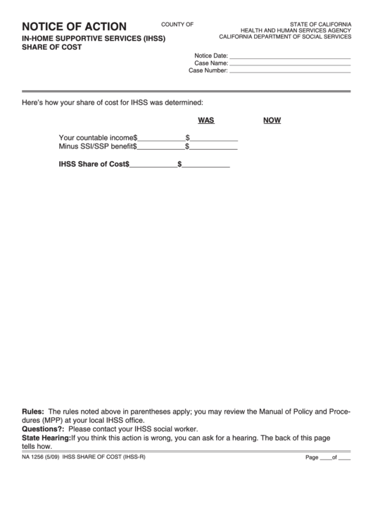 Fillable Form Na 1256 - Notice Of Action - In-Home Supportive Services (Ihss) - Share Of Cost Printable pdf