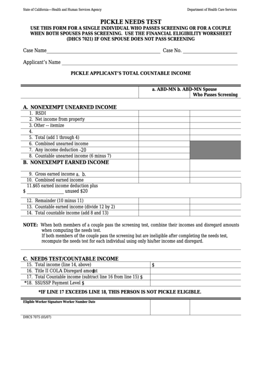 Form Dhcs 7075 - California Pickle Needs Test - Health And Human Services Agency Printable pdf