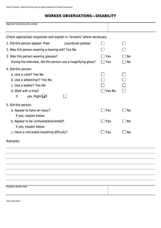 Form Dhcs 7045 - California Worker Observations Disability - Health And Human Services Agency Printable pdf