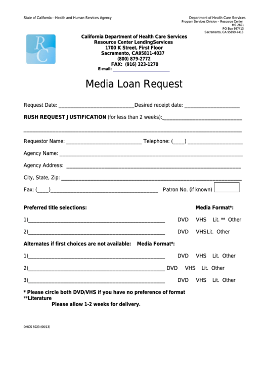 Form Dhcs 5023 - California Media Loan Request - Health And Human Services Agency Printable pdf