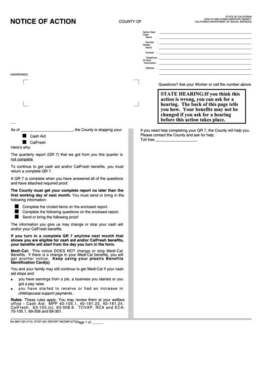Fillable Form Na 960y Qr - Notice Of Action - Stop Aid - Report Incomplete Printable pdf
