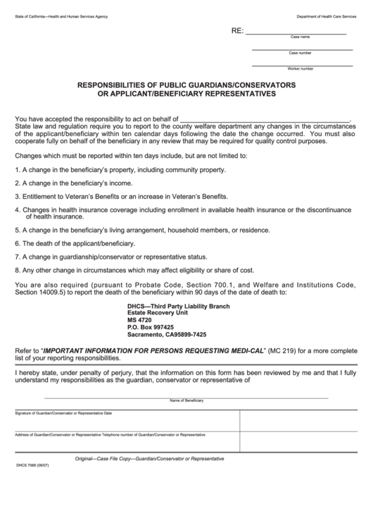 Fillable Form Dhcs 7068 - California Responsibilities Of Public Guardians/conservators Or Applicant/beneficiary Representatives - Health And Human Services Agency Printable pdf
