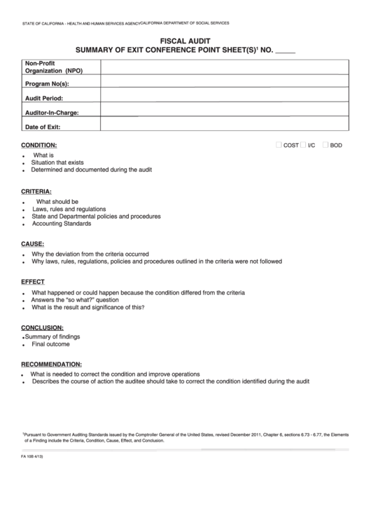 Fillable Form Fa 10b - Fiscal Audit Summary Of Exit Conference Point Sheet(S) Printable pdf