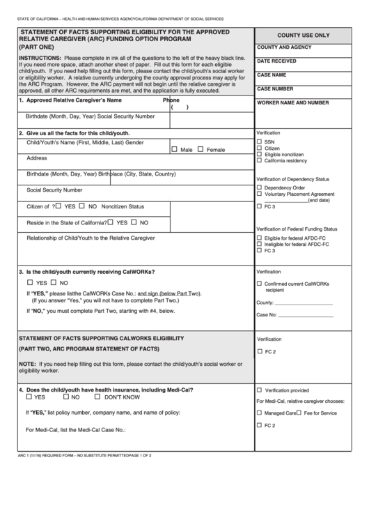 Fillable Form Arc 1 - Statement Of Facts Supporting Eligibility For The Approved Relative Caregiver (Arc) Funding Option Program Printable pdf