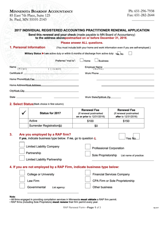Fillable Individual Registered Accounting Practitioner Renewal Application - Minnesota Board Of Accountancy - 2017 Printable pdf