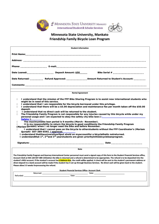 Friendship Family Bicycle Loan Program Application Printable pdf