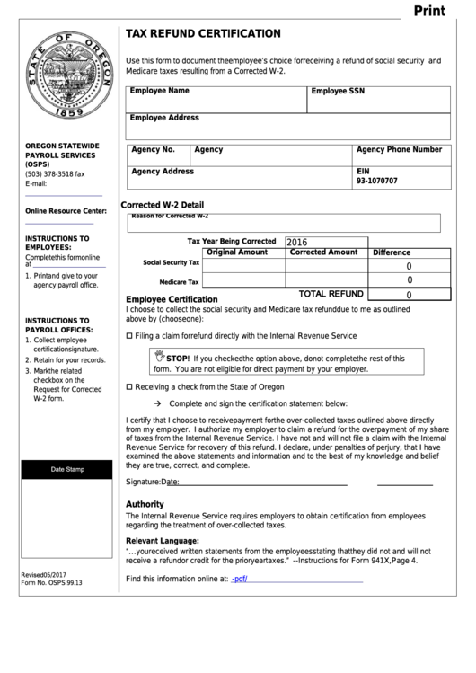Fillable Form Osps.99.13 - Tax Refund Certification Printable pdf