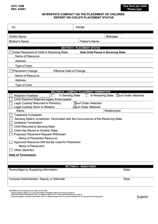 Fillable Form Icpc 100b Interstate Compact On The Placement Of Children Report On Child S