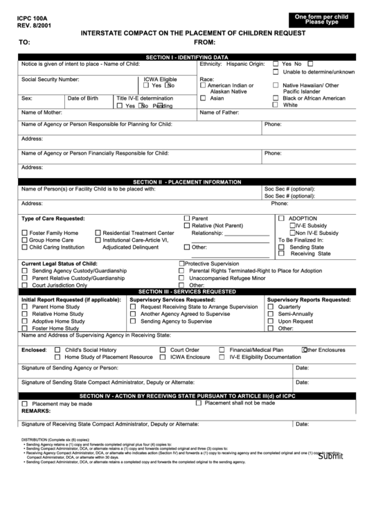 Fillable Form Icpc 100a - Interstate Compact On The Placement Of Children Request Printable pdf