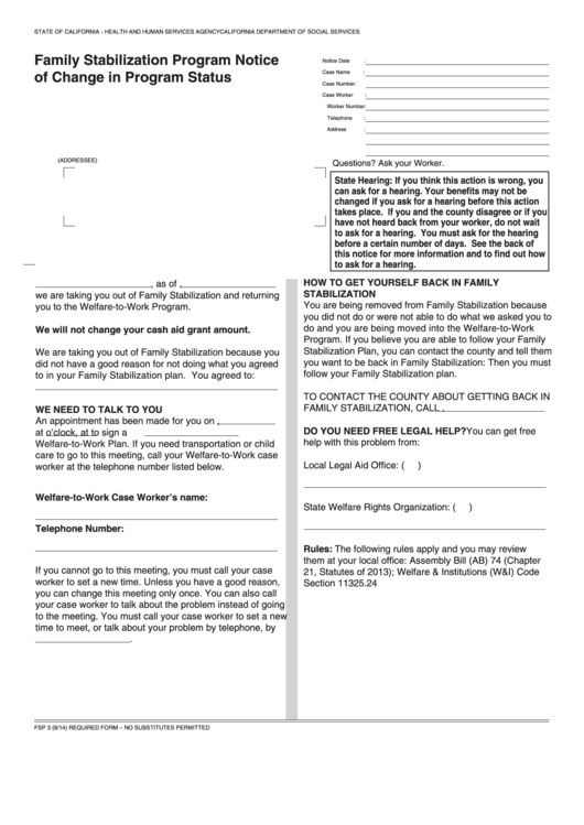 Fillable Form Fsp 3 - Family Stabilization Program Notice Of Change In Program Status Printable pdf