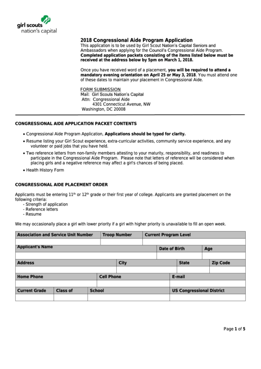 Fillable Congressional Aide Program Application Form - 2018 Printable pdf