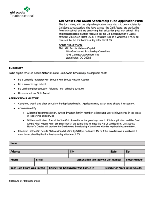 Fillable Girl Scout Gold Award Scholarship Fund Application Form Printable pdf