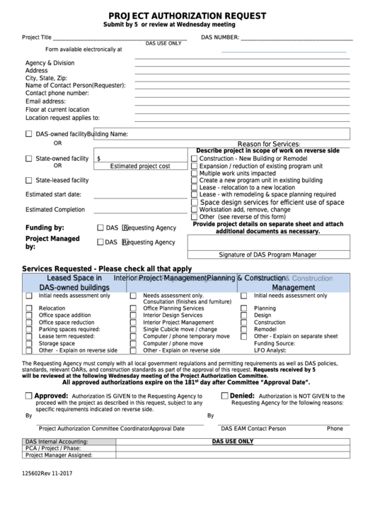 Fillable Form 125602 - Project Authorization Request - Oregon Department Of Administrative Services Printable pdf