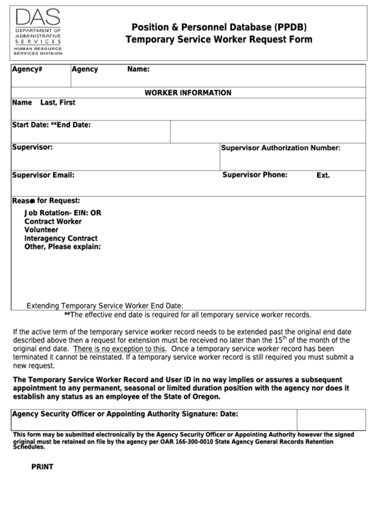 Fillable Position & Personnel Database (Ppdb) Temporary Service Worker Request Form - Oregon Department Of Administrative Services Printable pdf