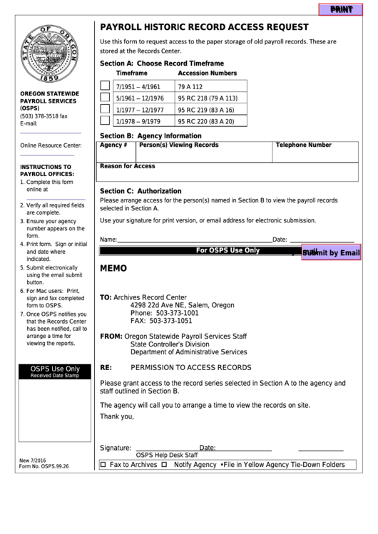 Fillable Form Osps.99.26 - Payroll Historic Record Access Request Printable pdf