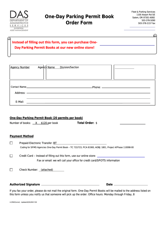 Fillable One-Day Parking Permit Book Order Form - Oregon Department Of Administrative Services Printable pdf