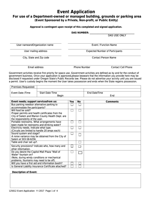 Fillable Form 125612 - Event Application For Use Of A Department-Owned Or Managed Building, Grounds Or Parking Area Printable pdf