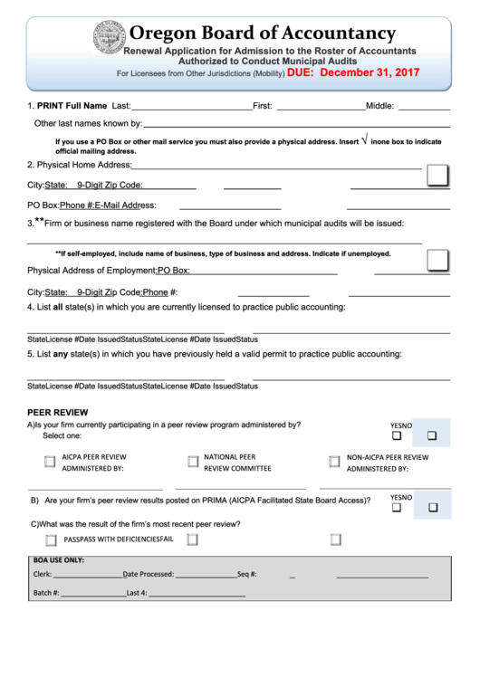 Fillable Renewal Application For Admission To The Roster Of Accountants Authorized To Conduct Municipal Audits - Oregon Board Of Accountancy Printable pdf