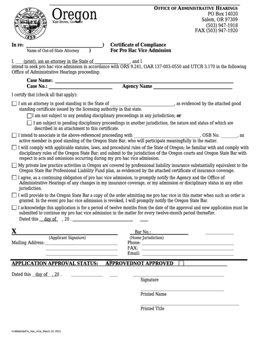 Certificate Of Compliance For Pro Hac Vice Admission - Oregon Administrative Hearings Printable pdf
