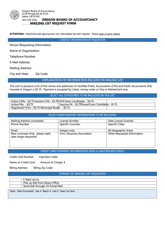 Fillable Mailing List Request Form - Oregon Board Of Accountancy Printable pdf