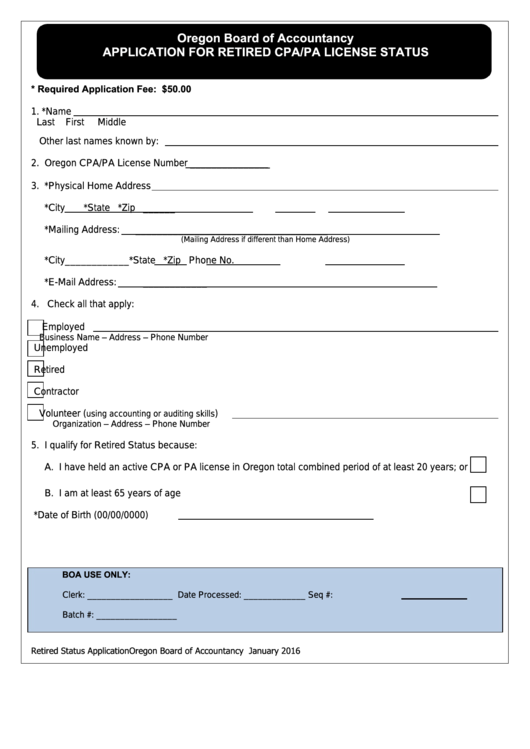 Application For Retired Cpa/pa License Status - Oregon Board Of Accountancy Printable pdf