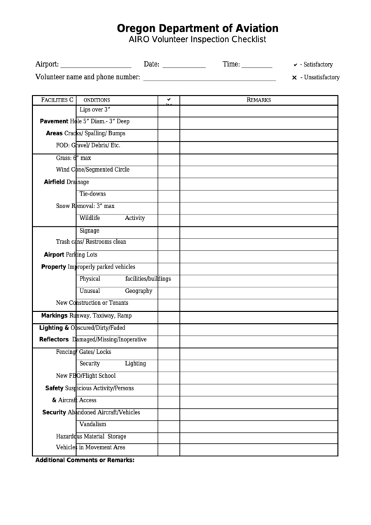 Airo Volunteer Inspection Checklist - Oregon Department Of Aviation Printable pdf