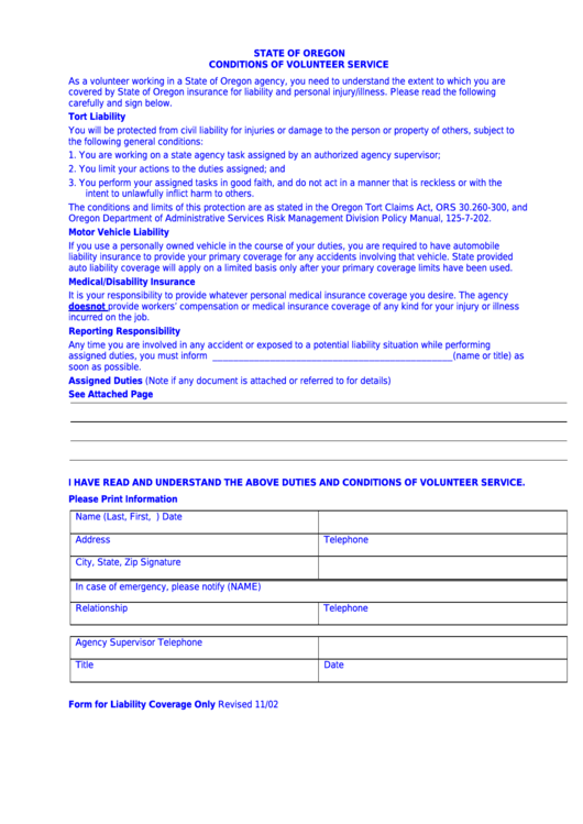 Conditions Of Volunteer Service - Oregon Department Of Administrative Services Printable pdf