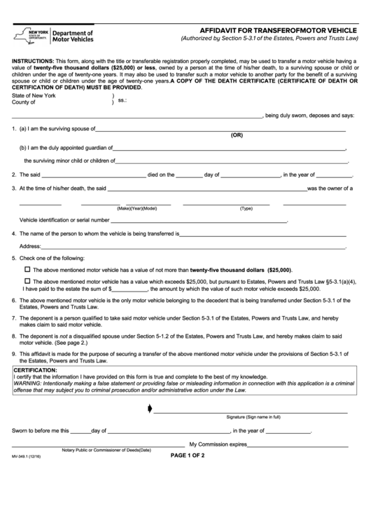 Form Mv-349.1 - Affidavit For Transfer Of Motor Vehicle Printable pdf