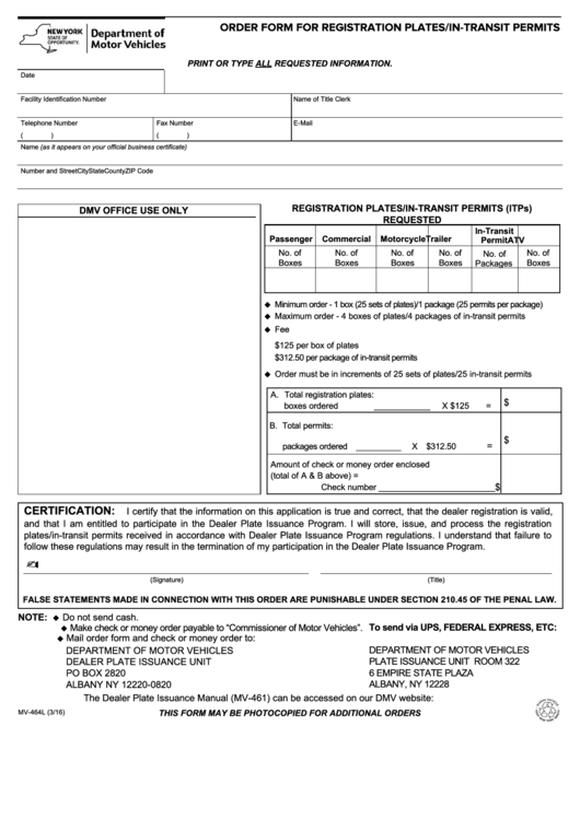 Form Mv-464l - Order Form For Registration Plates/in-Transit Permits Printable pdf