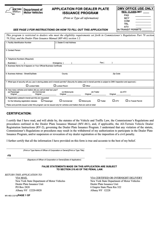 Form Mv-463 - Application For Dealer Plate Issuance Program Printable pdf