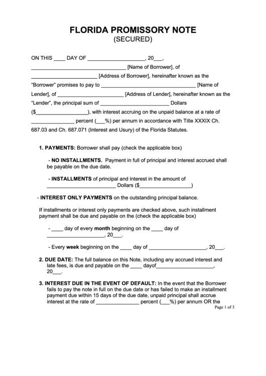 Fillable Florida Promissory Note (Secured) Form Printable pdf